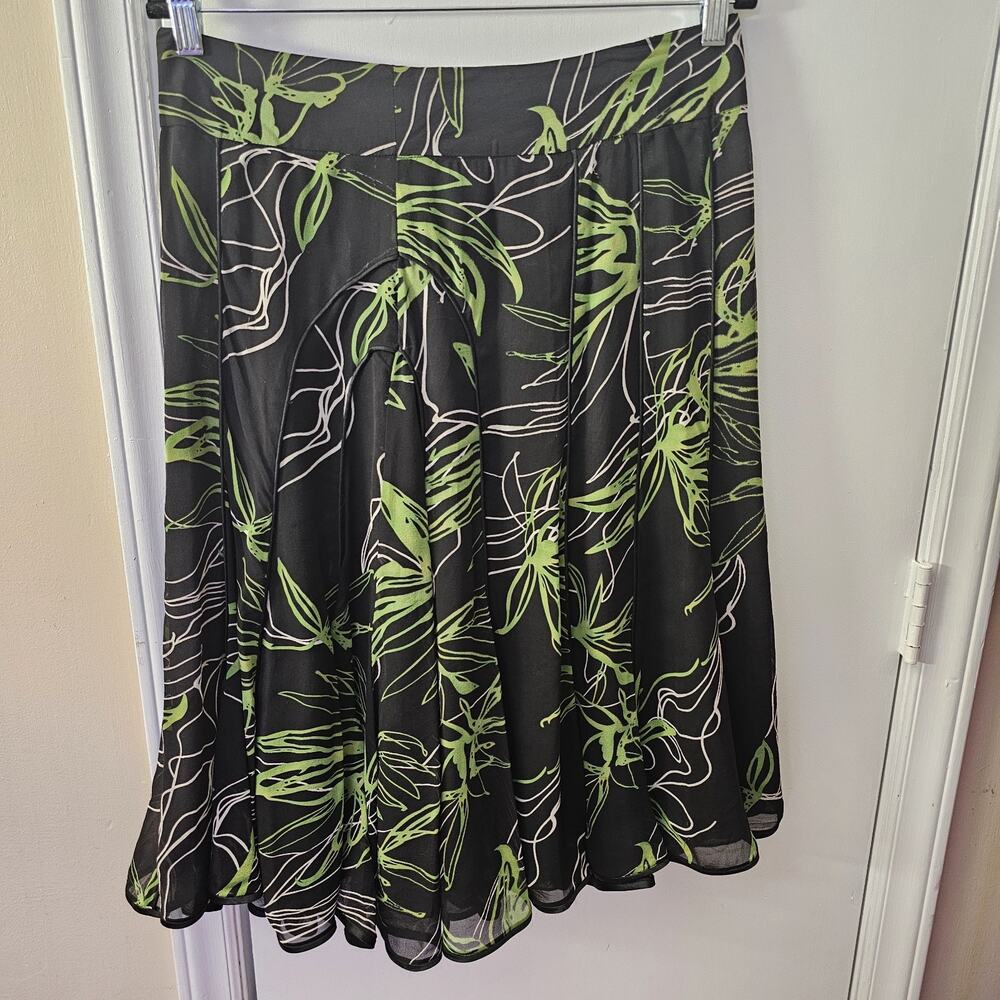 MANYUS Green Tropical Silk Skirt Sz M Flare Flowy Midi Lined Soft Alt Whimsy